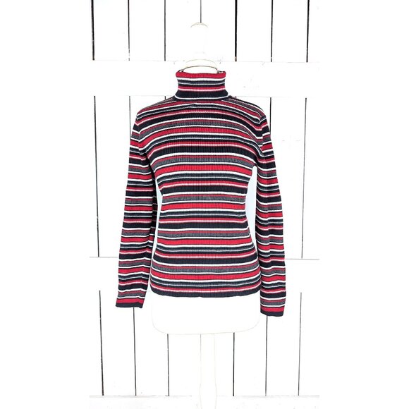 90s vintage fitted red striped ribbed turtle neck long sleeve sweater top - Picture 1 of 4